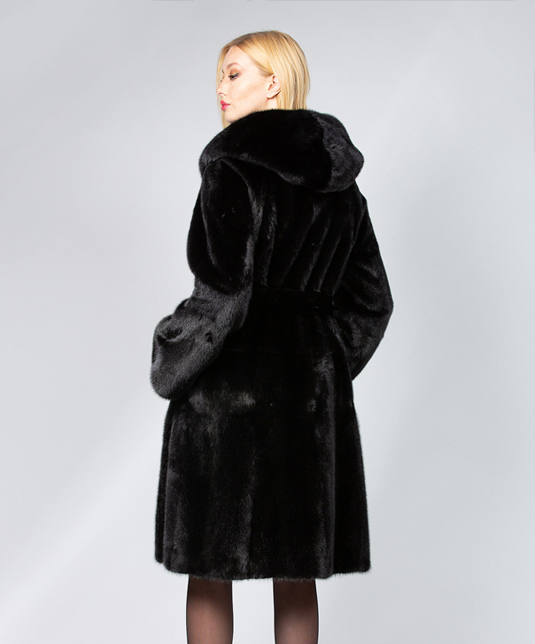 Women’s Hooded Robed Black Mink Coat