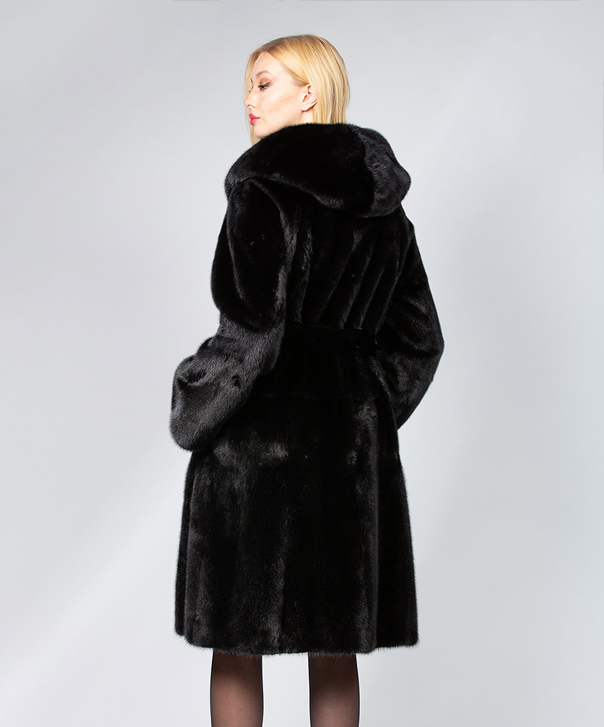 Hooded Robed Black Mink Fur Coat