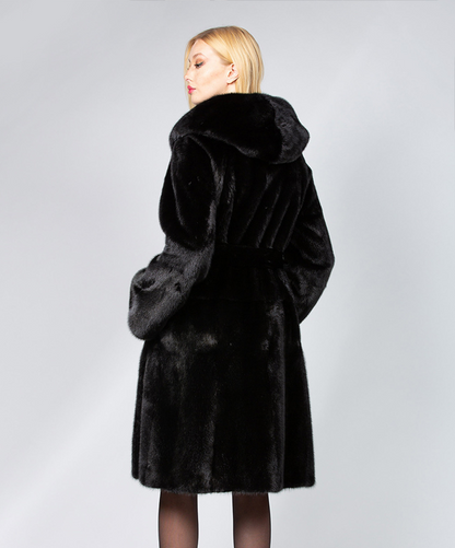 Hooded Robed Black Mink Fur Coat