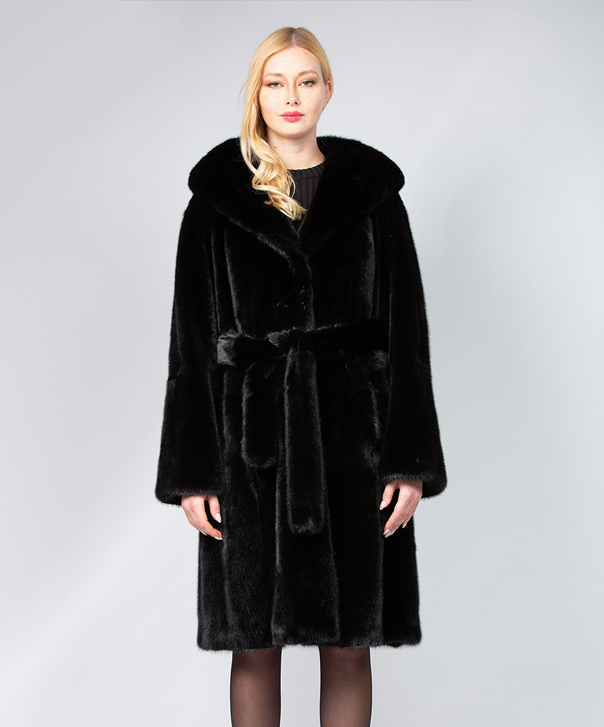 Hooded Robed Black Mink Fur Coat