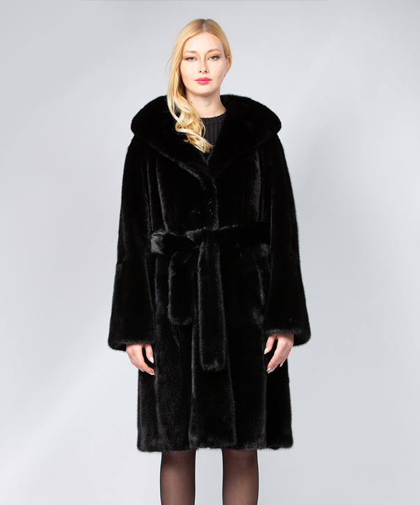 Women’s Hooded Robed Black Mink Coat