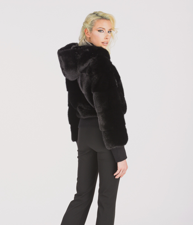 Women’s Short Hooded Black Mink Fur Jacket